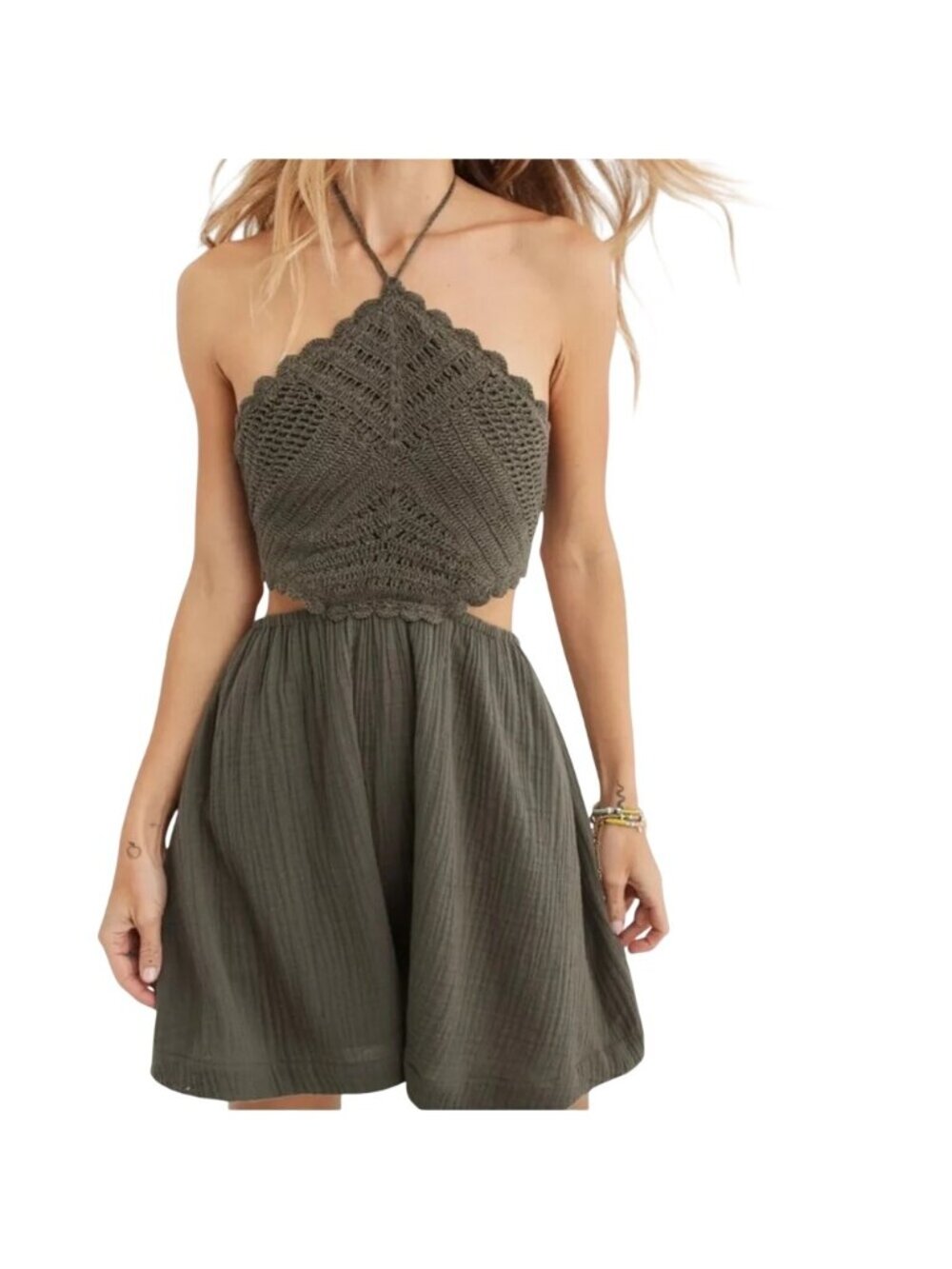 Aerie Pool to Party Crochet Halter Mini Dress Medium Olive Green Bohemian NEW